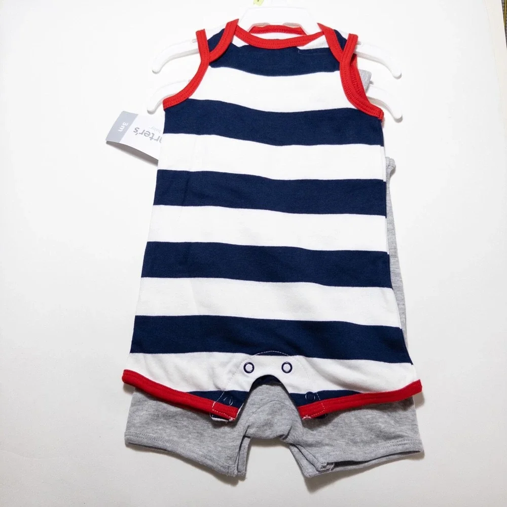 Carters 3 Month Baby Knit Rompers 2 Pack Freedom Rocks! Blue White Stripe NEW
